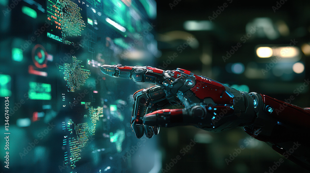 Poster robotic hand interacts with futuristic digital interface, analyzing data with precision and advanced