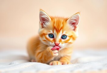 Adorable golden kitten licks paw, gazing at camera on light background, clean, animal portrait