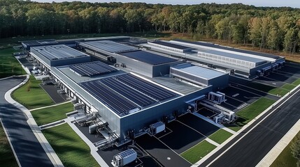 Aerial view of a modern data center facility with solar panels on the roof and an adjacent energy storage system located within a sprawling industrial park, showcasing a cutting-edge open space design
