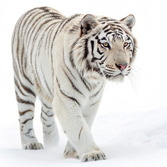 Majestic White Bengal Tiger Walking in Snow with Intense Gaze