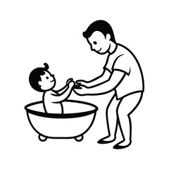 Father Gently Bathes Infant Son in Baby Tub