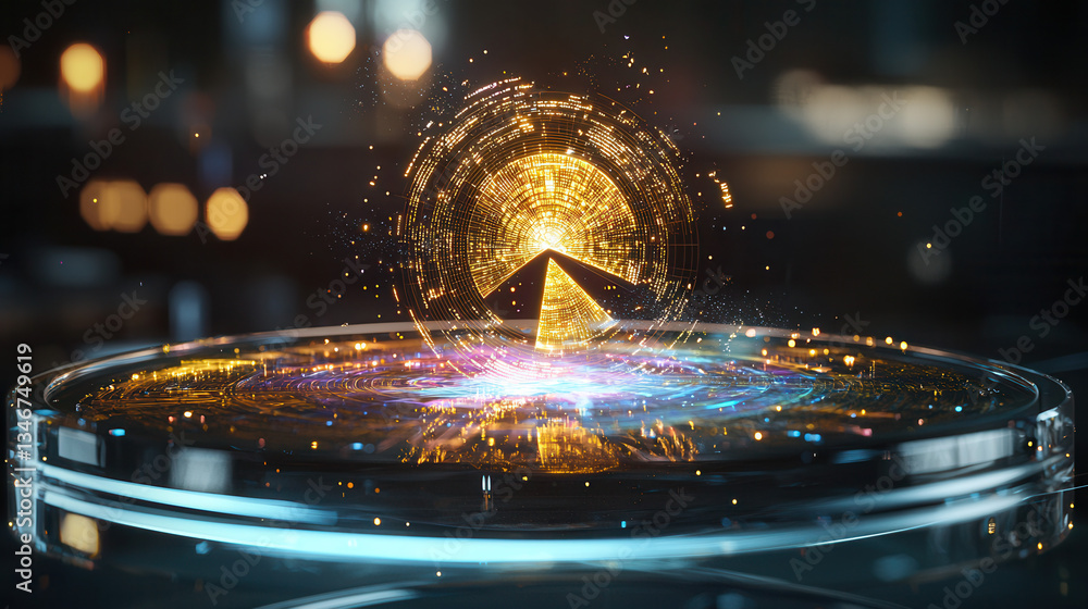 Aufkleber futuristic data visualization featuring glowing pie chart with golden and multicolored lights, symbo