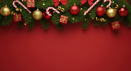 Red Christmas Background with Festive Garland