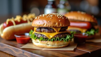 A delicious double cheeseburger with lettuce and a hot dog topped with mustard are served on a wooden board, accompanied by ketchup, embodying the festive and indulgent spirit of Independence Day