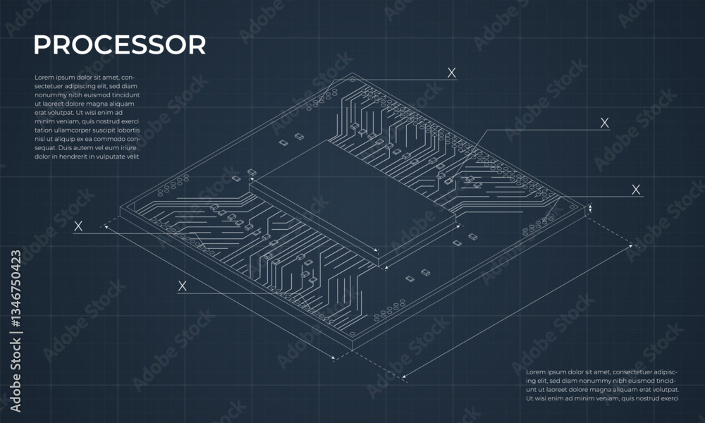 Poster isometric processor blueprint. central processing unit or cpu. computer hardware components. semicon