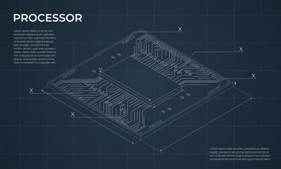 Isometric processor blueprint. Central processing unit or CPU. Computer hardware components. Semiconductor technology concept. Vector illustration