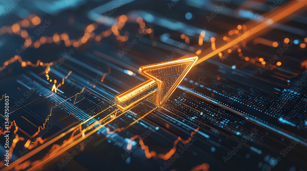 Poster glowing arrow symbolizing financial growth and success, surrounded by dynamic data charts and futuri