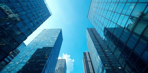 Aerial perspective of high rise buildings in financial district with blue sky background, aerial view, buildings, financial district