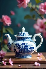 A beautiful blue and white teapot surrounded by delicate pink flowers.