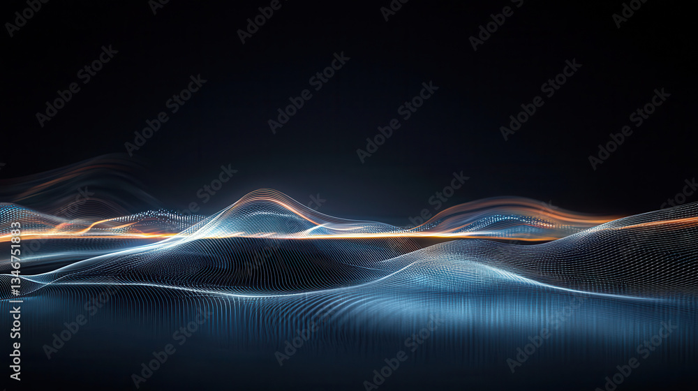 Poster abstract 3d digital rendering of glowing waves and lines in dark background, evoking futuristic and 