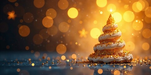 A beautiful festive dessert shaped like a Christmas tree with golden sparkle.