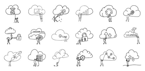 series of stick figures interacting with cloud computing symbols, including 5G, security, and data analytics