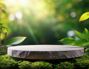 Realistic stone podium with moss in green garden blurred background. Blank rock display stand platform in park. Nature-inspired showcasing for product mockups & branding.