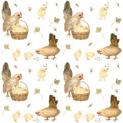 Watercolor Easter Seamless Pattern with Chickens and Hen. Hand drawn. White Background.