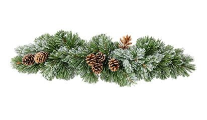 A close-up of a green pine garland with natural pinecones and subtle frost effects on the needles, floating on a transparent background.