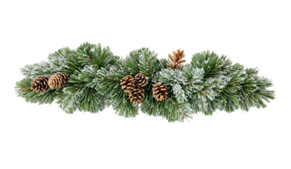 A close-up of a green pine garland with natural pinecones and subtle frost effects on the needles, floating on a transparent background.