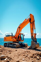 A bright orange excavator working on a construction site by the sea under a clear sky.