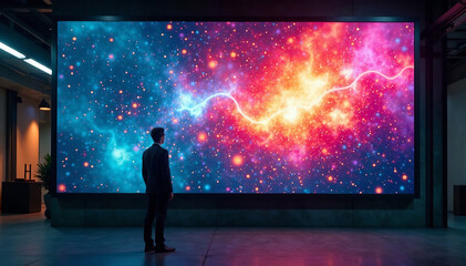 Fototapeta premium A businessman gazing at a mesmerizing cosmic display on a large digital screen.