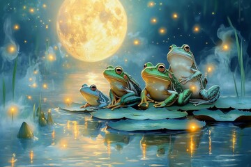 Mystical Moonlit Frog Chorus, Frog and lily pads