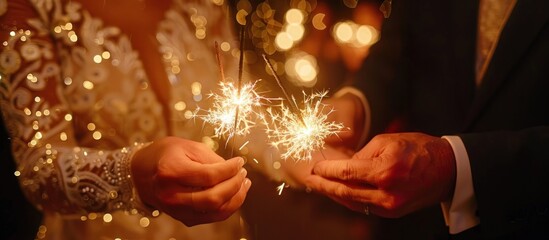 Bride and Groom holding sparklers at their wedding reception.