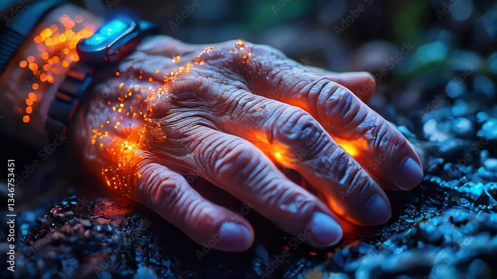 Poster aged hands with rings and a smartwatch interacting with a glowing high-tech digital interface
