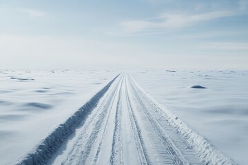 Seasonal Effects on Road Surfaces Concept. Snow-covered road stretching into a vast, empty landscape