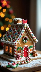 Obraz premium A festive gingerbread house decorated with colorful candy and icing.