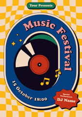 Music party festival promotional poster template design. Vinyl record modern vintage retro style with checkerboard pattern background