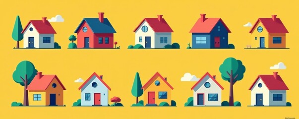 Assorted minimalist house symbols in flat design style, graphic, collection, residential