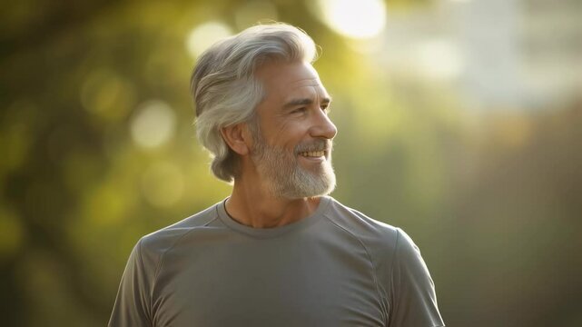 Smiling senior man jogging outdoors in park, lifestyle footage, healthy aging concept, for fitness videos, promotional use, blurred background