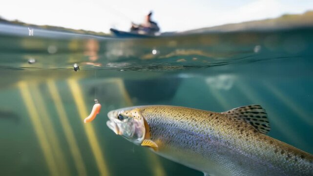 Trout Catching Worm Underwater, Fisherman in Boat, fishing and nature concept, for documentary, outdoor videos, split view, close up
