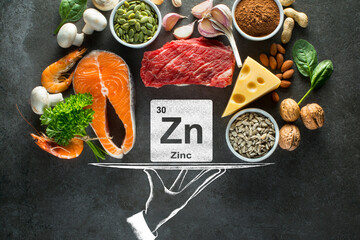 Composition with Foods High in Zinc. Healthy foods containing Zinc. Top view.