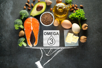 Healthy foods containing Omega-3 acid. Composition with animal and vegetable sources of omega-3. Top view.
