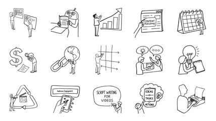 series of hand drawn depicting various stages of content creation, including planning, publishing, and engagement