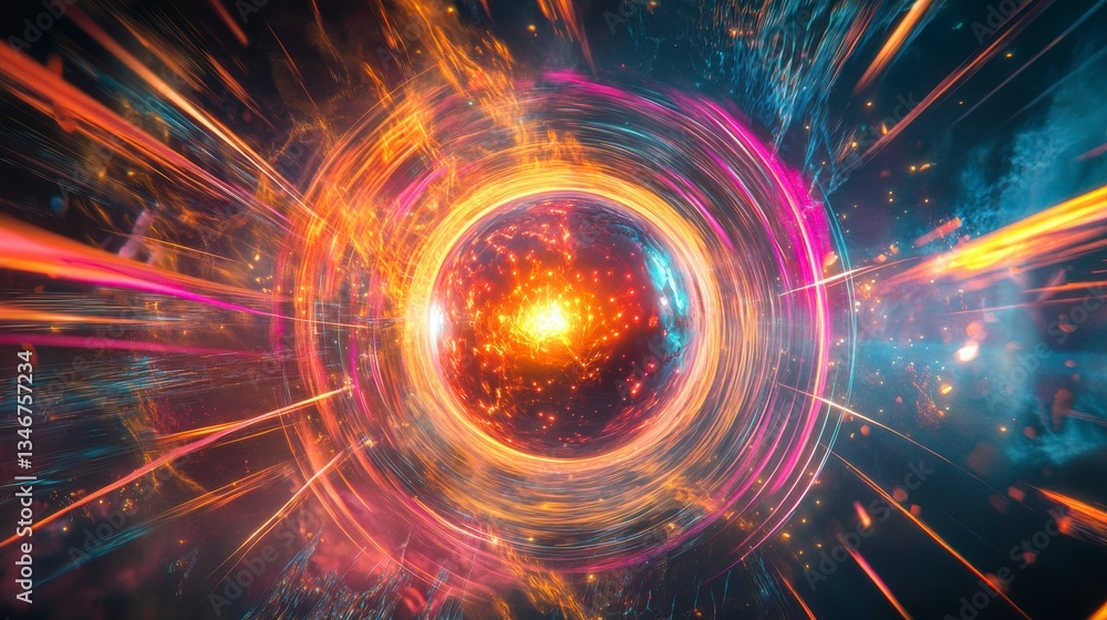 Poster abstract fiery orb with vibrant light streaks and concentric rings.