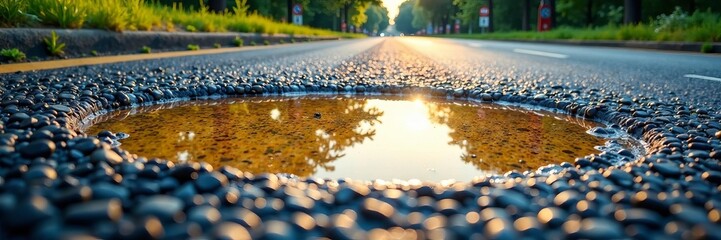 A reflective puddle on a quiet road during golden hour, capturing nature and urban life.