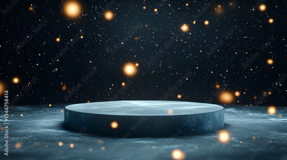 Poster a podium floating in zero gravity, with floating debris and glowing lights.