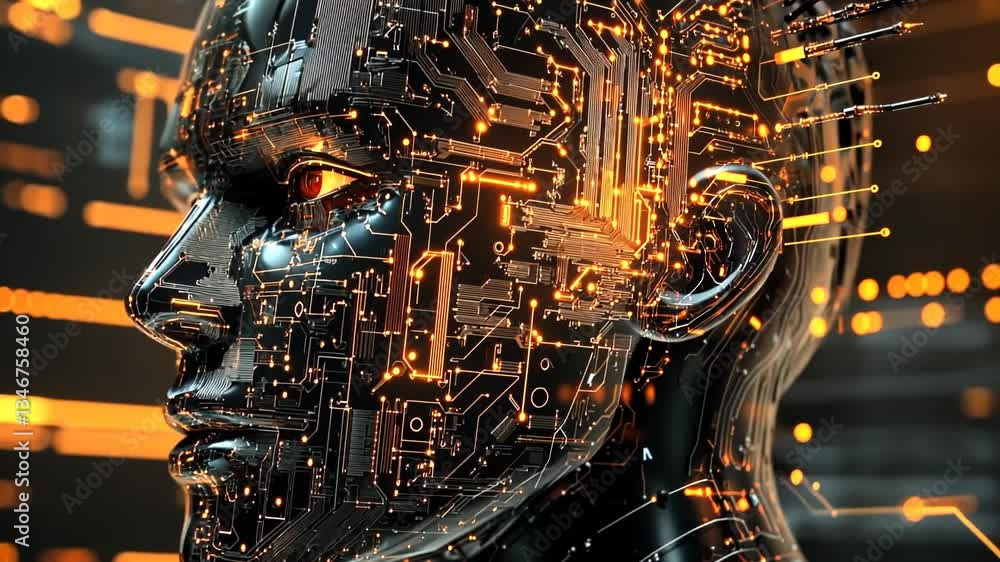 Aufkleber exploring futuristic technology through a close-up of a digital humanoid figure with intricate circu