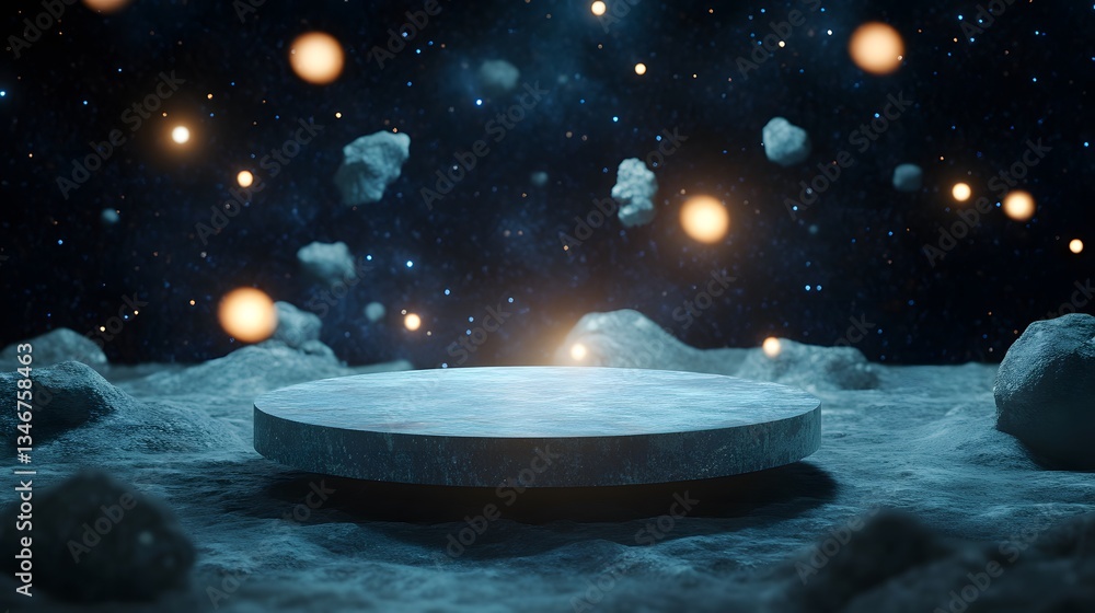 Poster a podium floating in zero gravity, with floating debris and glowing lights.