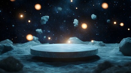 A podium floating in zero gravity, with floating debris and glowing lights.