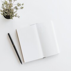 Open Paper Mockup with a Pen and Plant on a Light Background  