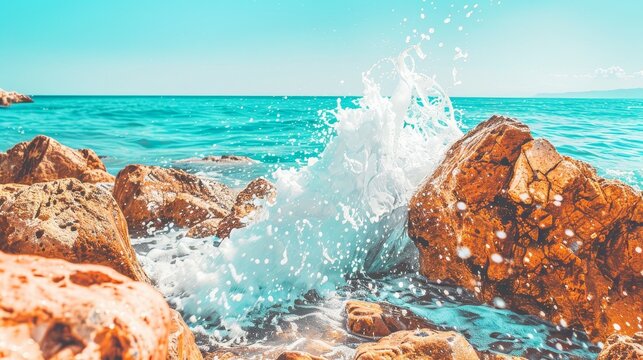 Ocean wave crashing on coastal rocks under a clear blue sky