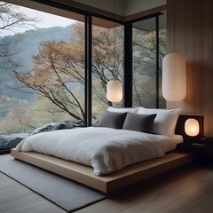 Mountain view bedroom, serene autumn scene, minimalist design, calming atmosphere, interior design