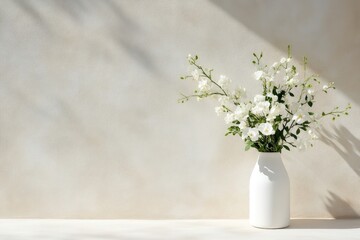 Naklejka premium Delicate white flowers in a simple vase against a beige backdrop. Soft sunlight casts gentle shadows