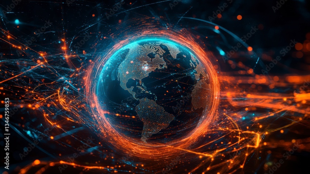 Aufkleber global network connection, digital earth with glowing lines.