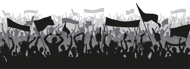 Supporters in blue colors for sports background, flat silhouette design. Male and female fans with hands in the air, holding banners, flags, scarfs and trumpets. Three layered Vector Design