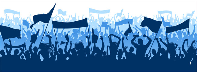 Supporters in blue colors for sports background, flat silhouette design. Male and female fans with hands in the air, holding banners, flags, scarfs and trumpets. Three layered Vector Design