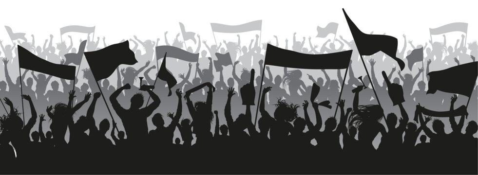 Supporters in blue colors for sports background, flat silhouette design. Male and female fans with hands in the air, holding banners, flags, scarfs and trumpets. Three layered Vector Design