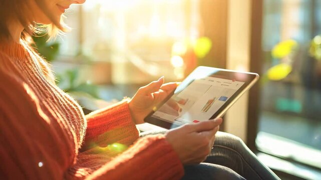 A woman in a cozy sweater uses a digital tablet to shop online, browsing through a virtual shopping cart in a sunlit room. The warm lighting and casual setting emphasize the comfort and convenience 