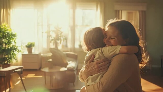 A joyful mother and child share a heartfelt hug in a sunlit living room, creating a warm and comforting atmosphere. The golden light emphasizes the bond and love between them